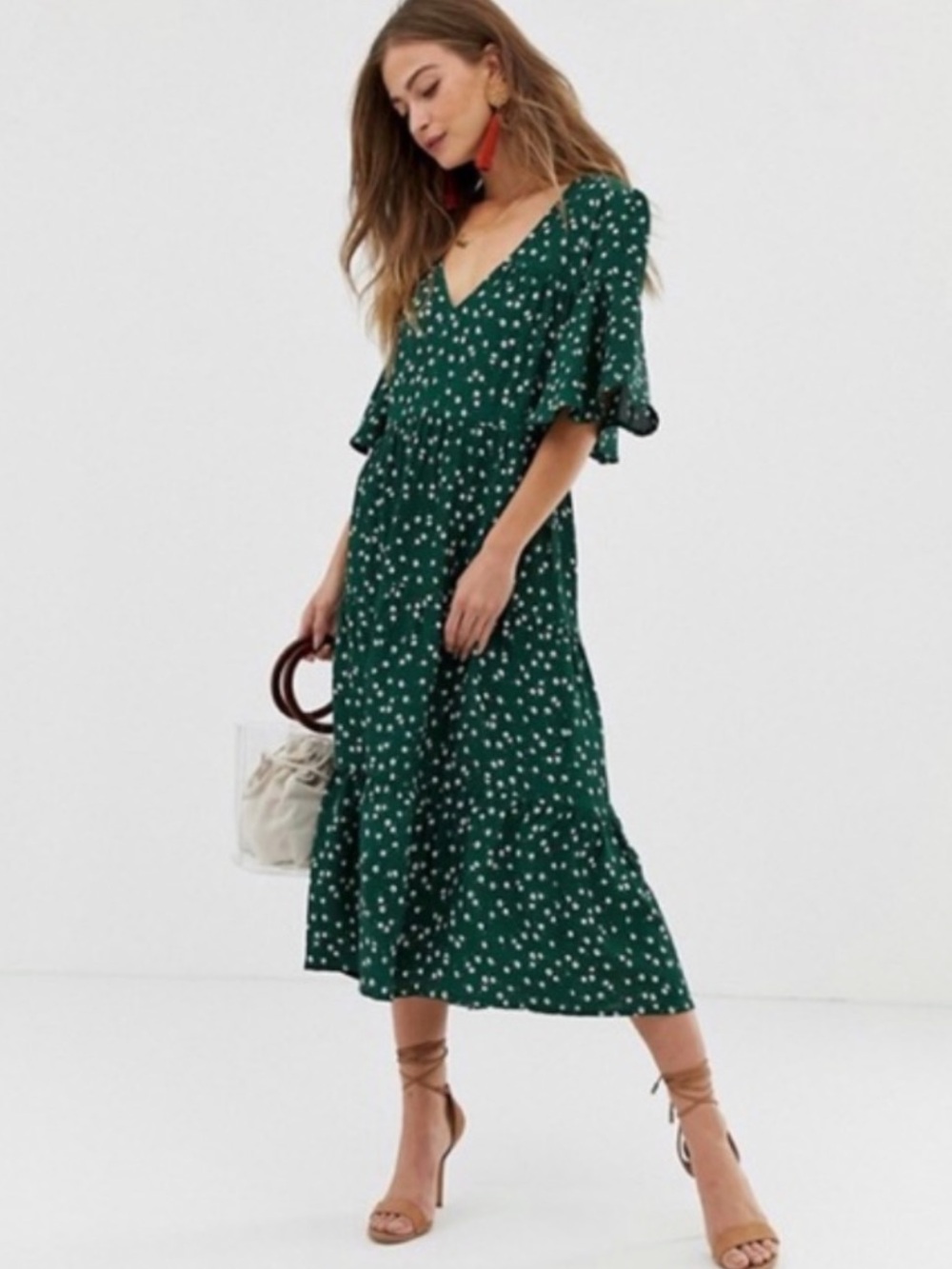 Faithful the Brand Melia Floral Midi Dress Small Rayon Floral Green Tiered Skirt